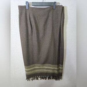 Rena Rowan Wool Wrap Green Brown Pencil Skirt with Fringe Elastic @ Waist